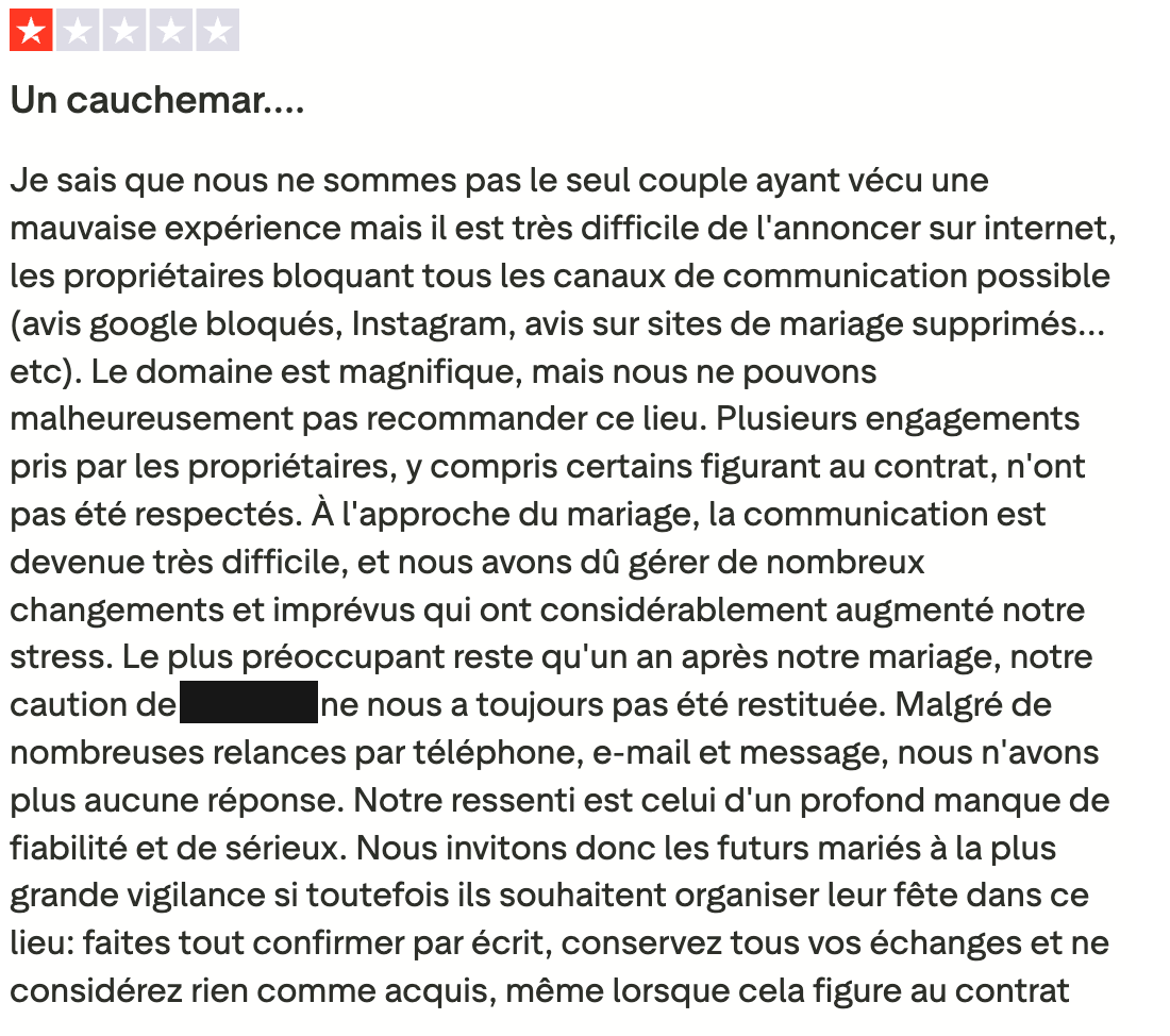 星1つのTrustpilot口コミ原本(フランス語)の抜粋で、タイトルは「Un cauchemar…」です。投稿者の情報と保証金の金額は隠しています。主な箇所は画像の下に書き起こしています。